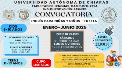 Inglés para niños y niñas enero - junio 2025, Facultad de Lenguas Tuxtla